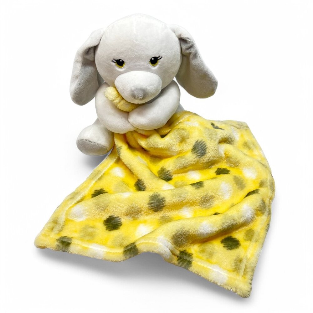 Little Beginnings Baby Lovey White Puppy 7" Yellow & Gray Soft Security Blanket